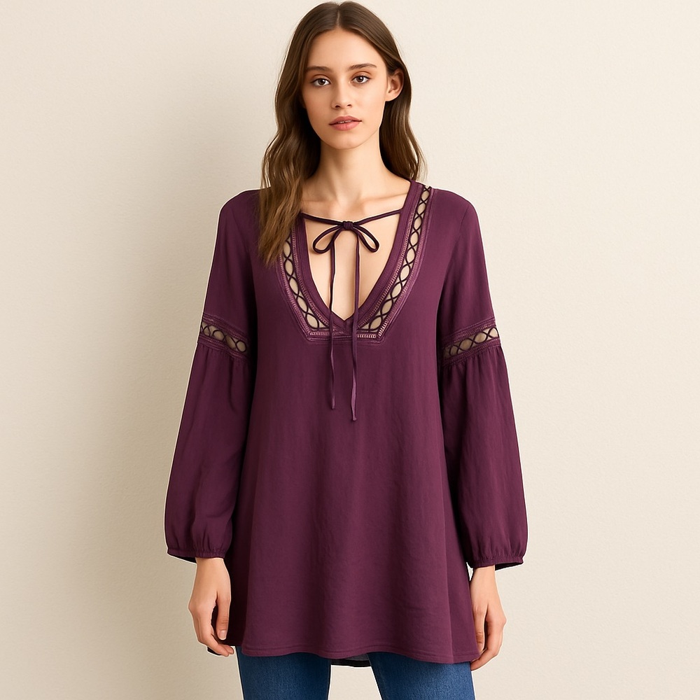 Tobi Purple Boho Peasant Tunic Top Lace Trim Tie Neck Long Sleeve Fall Blouse M